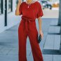 Red Belted Wide Leg Jumpsuit