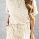 Beige Ribbed Elastic Waist Romper