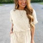 Beige Ribbed Elastic Waist Romper