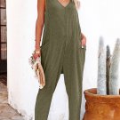 Green Textured Sleeveless V Neck Pocketed Casual Jumpsuit