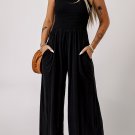 Black Smocked Sleeveless Wide Leg Jumpsuit with Pockets
