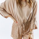 Khaki Sequin Patchwork Drawstring High Waist Romper