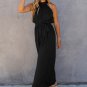 Black Halter Neck Pleated Wide Leg Jumpsuit with Belt