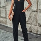 Black Textured Sleeveless V Neck Pocketed Casual Jumpsuit