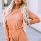 Orange Ribbed Drawstring Waist Long Sleeve Romper