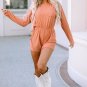 Orange Ribbed Drawstring Waist Long Sleeve Romper