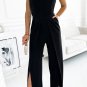 Black Spaghetti Straps Slit Leg Jumpsuit with Pockets