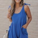 Blue Textured Knotted Straps High Waist Wide Leg Romper