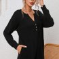 Black Brushed Ribbed Button Split V Neck Long Sleeve Romper
