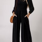 Black Smocked Square Neck Long Sleeve Wide Leg Jumpsuit