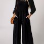Black Smocked Square Neck Long Sleeve Wide Leg Jumpsuit