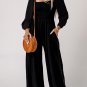 Black Smocked Square Neck Long Sleeve Wide Leg Jumpsuit