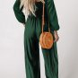 Green Smocked Square Neck Long Sleeve Wide Leg Jumpsuit