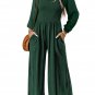 Green Smocked Square Neck Long Sleeve Wide Leg Jumpsuit