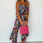 Red Mix Tropical Print Strapless Ruffled Jumpsuit