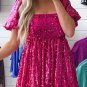 Rose Red Short Puff Sleeve Sequin Babydoll Romper