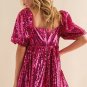 Rose Red Short Puff Sleeve Sequin Babydoll Romper