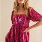 Rose Red Short Puff Sleeve Sequin Babydoll Romper