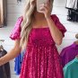 Rose Red Short Puff Sleeve Sequin Babydoll Romper