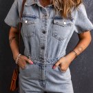 Light Blue Vintage Washed Buttons Pocketed Denim Romper
