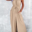 Apricot Spaghetti Straps Waist Tie Wide Leg Jumpsuit with Pockets