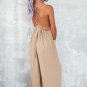 Apricot Spaghetti Straps Waist Tie Wide Leg Jumpsuit with Pockets