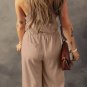 Pale Khaki Knotted Straps Button Textured Drawstring Jumpsuit