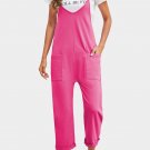 Rose Red Black Pocketed Adjustable Spaghetti Strap Straight Leg Jumpsuit