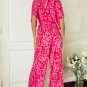 Rose Leopard Loose Sleeve Belted Wide Leg Jumpsuit