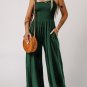 Green Smocked Sleeveless Wide Leg Jumpsuit with Pockets