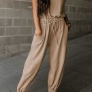 Light French Beige Cap Sleeve Open Back Drawstring Jogger Jumpsuit
