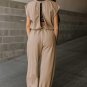Light French Beige Cap Sleeve Open Back Drawstring Jogger Jumpsuit