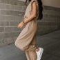 Light French Beige Cap Sleeve Open Back Drawstring Jogger Jumpsuit