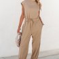Light French Beige Cap Sleeve Open Back Drawstring Jogger Jumpsuit