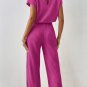 Rose Red Solid Color Ribbed Short Sleeve Wide Leg Jumpsuit