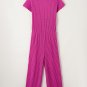 Rose Red Solid Color Ribbed Short Sleeve Wide Leg Jumpsuit