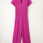 Rose Red Solid Color Ribbed Short Sleeve Wide Leg Jumpsuit