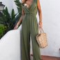 Jungle Green Deep V Pleated Crisscross Wide Leg Backless Jumpsuit