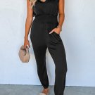 Black Shirred High Waist Sleeveless V Neck Jumpsuit