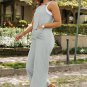 Gray Textured Wide Leg Overall with Pockets
