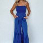 Navy Blue Spaghetti Straps Smocked Ruffled Wide Leg Jumpsuit
