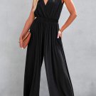 Black Deep V Pleated Crisscross Wide Leg Backless Jumpsuit