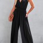 Black Deep V Pleated Crisscross Wide Leg Backless Jumpsuit