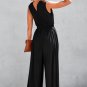 Black Deep V Pleated Crisscross Wide Leg Backless Jumpsuit
