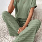 Grass Green Solid Color Ribbed Short Sleeve Wide Leg Jumpsuit
