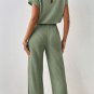 Grass Green Solid Color Ribbed Short Sleeve Wide Leg Jumpsuit