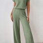 Grass Green Solid Color Ribbed Short Sleeve Wide Leg Jumpsuit