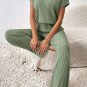Grass Green Solid Color Ribbed Short Sleeve Wide Leg Jumpsuit
