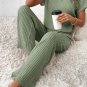 Grass Green Solid Color Ribbed Short Sleeve Wide Leg Jumpsuit