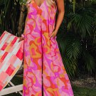 Pink Boho Abstract Print V Neck Wide Leg Jumpsuit